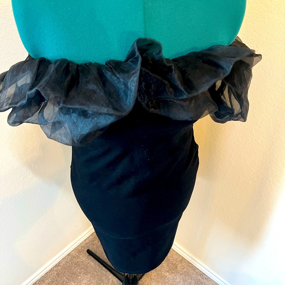 Strapless body-con black dress with ruffles, size M
